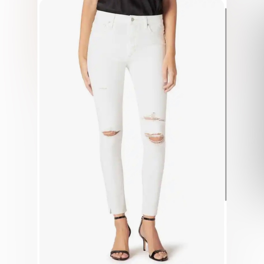 JOE'S DISTRESSED HIGH RISE RAW HEM SKINNY ANKLE WHITE JEANS SIZE 30 W